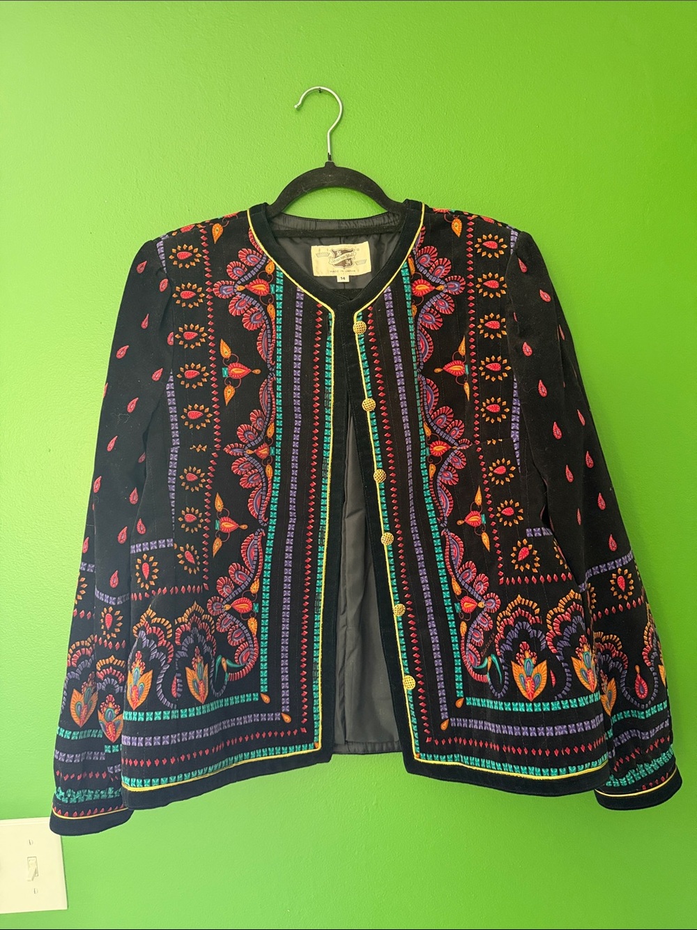 Black Embroidered Boho Jacket with Multicolor Stitching